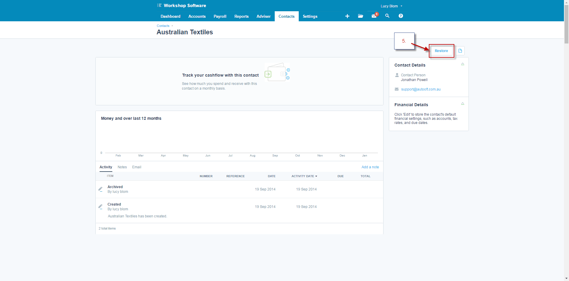 Restore button to unarchive the contact in Xero and resolve the sync error