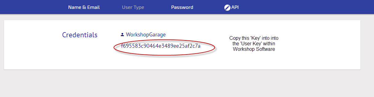 Workshop Software screen showing you will see your user credentials, please copy the set of numbers and letter…