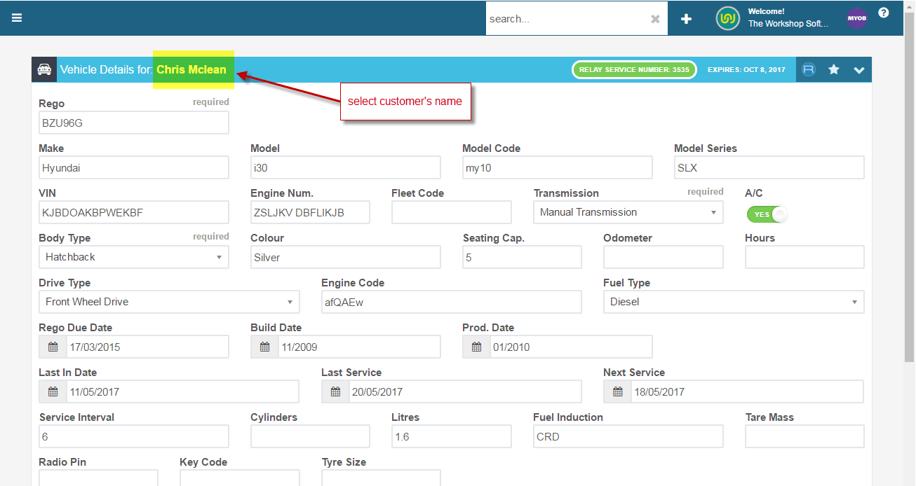 Workshop Software locate a booking if you have forgotten the booking date showing vehicle’s profile using the top search b…