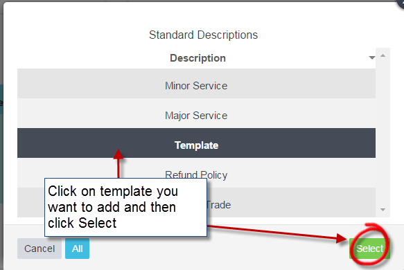 Workshop Software create templates for invoice notes showing template you want to insert and then click on the ‘select’ bu…