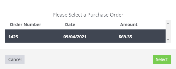 Workshop Software invoice an existing supplier order showing stock order that you have received and press ‘select’