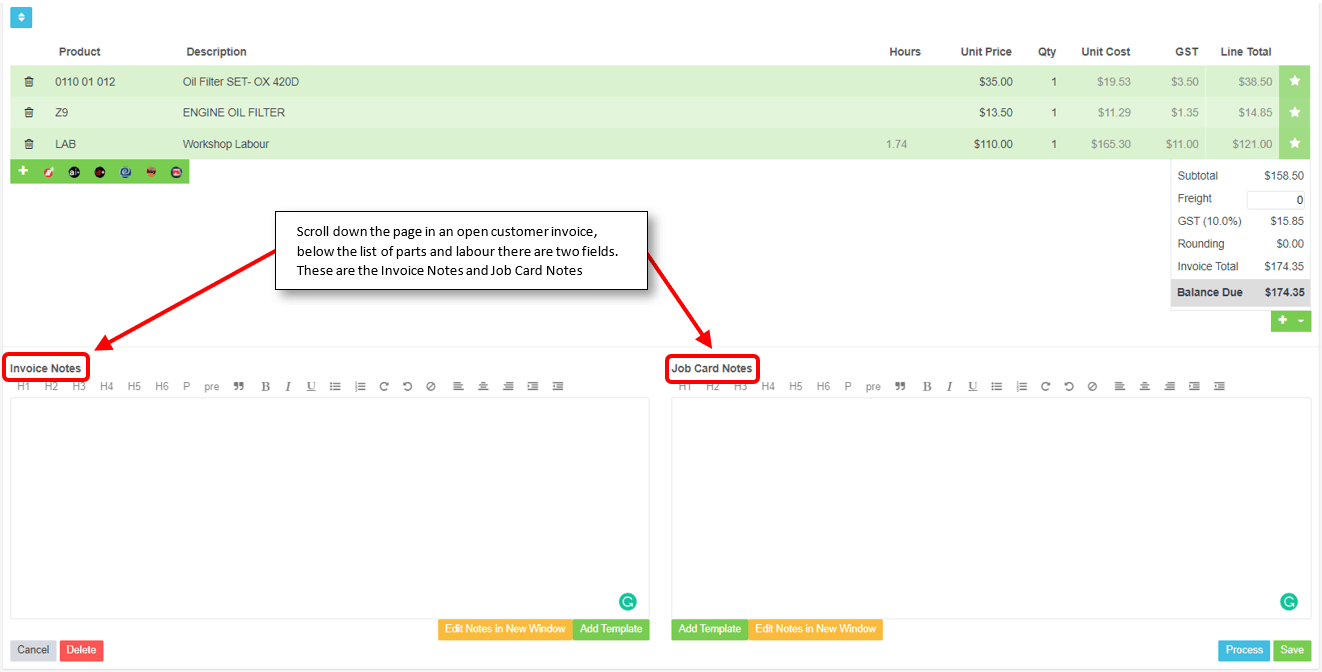 Workshop Software screen showing one is for invoice notes (will show up on an invoice) and the other is for jo…