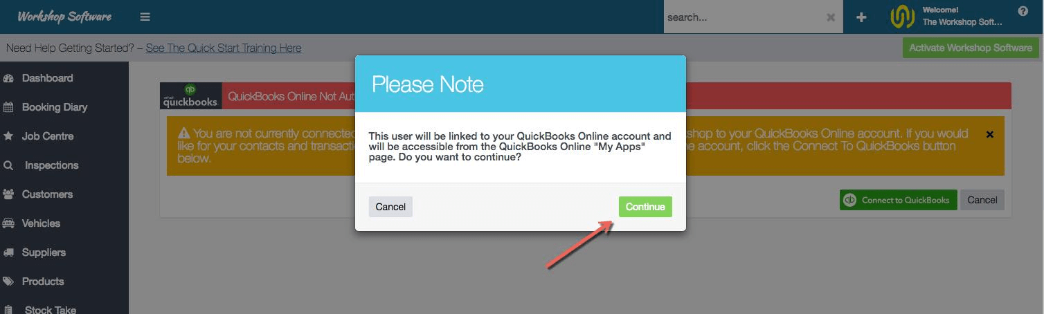 Workshop Software integrate intuit quickbooks with workshop software showing “ continue “