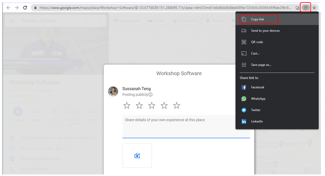 Workshop Software screen showing you need to have the url that will direct customer to google review page