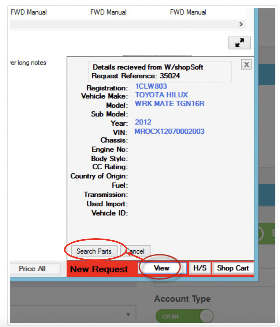 Workshop Software screen showing when you click on ’ view ’ it will show the car details, to start adding your…