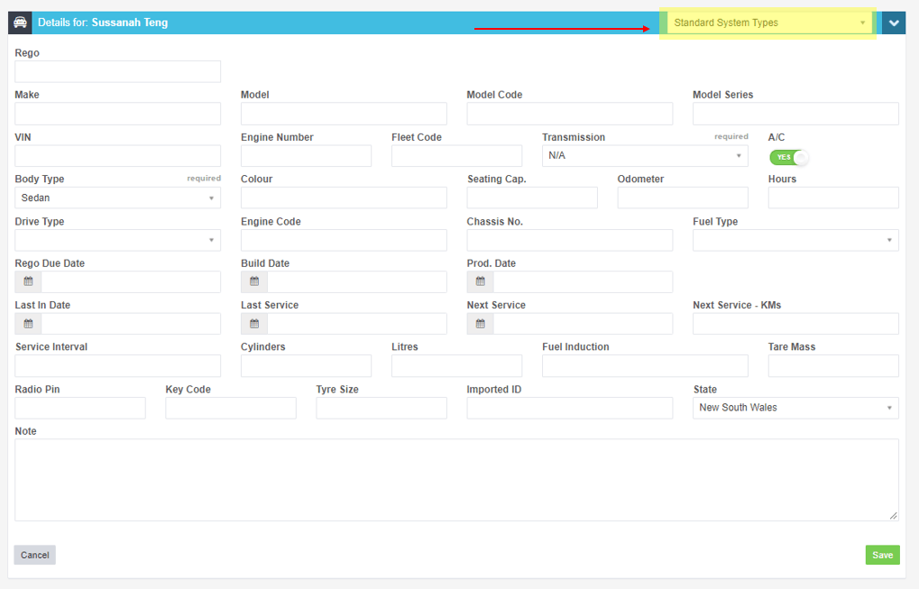 Workshop Software screen showing now when you go to create a new vehicle for a customer, you will see a drop d…