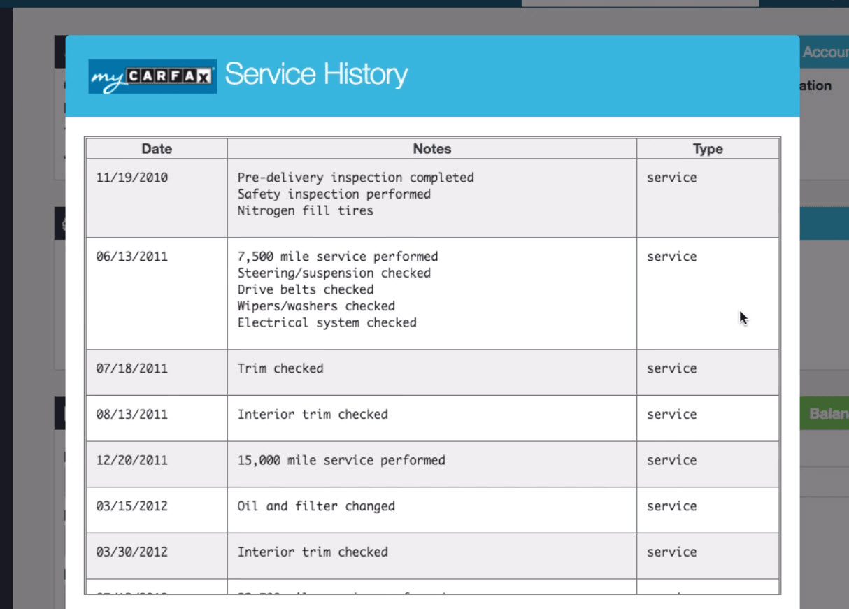 Carfax integration settings panel showing connected status and options