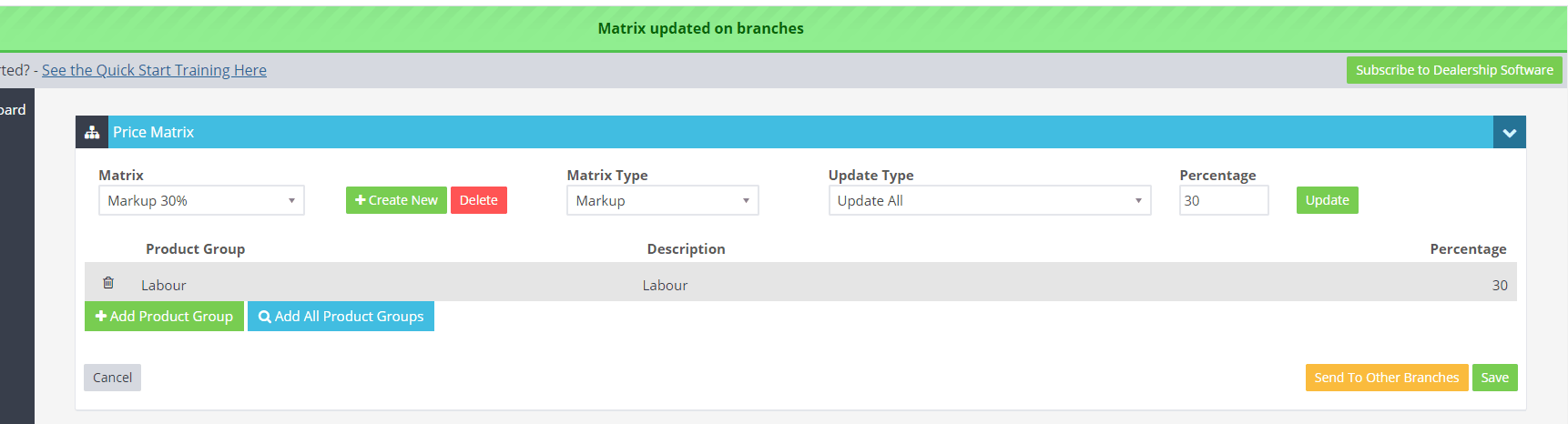 Workshop Software screen showing a green bar will appear that say ‘matrix updated on branches’