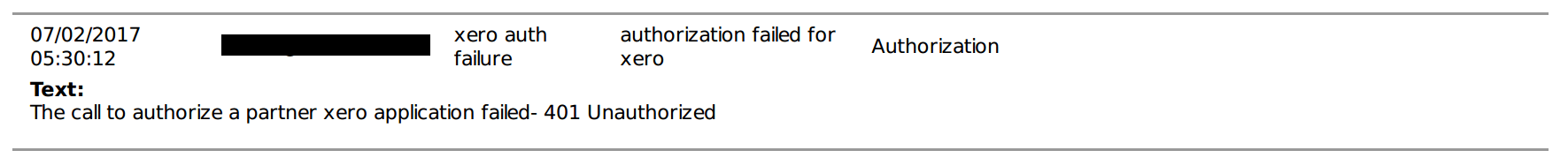 Workshop Software screen showing the call to authorize a partner xero application failed- 401 unauthorized