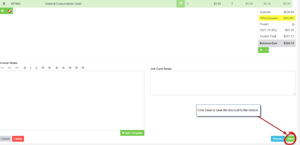 Workshop Software apply a discount to a customer invoice step 6 of 6
