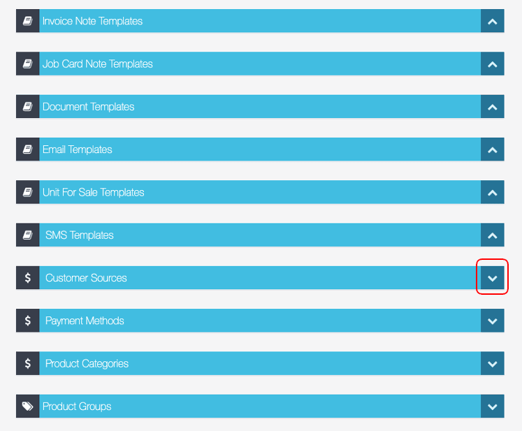 Workshop Software setup customer sources in workshop software showing down and click on the arrow to expand the ’customer …