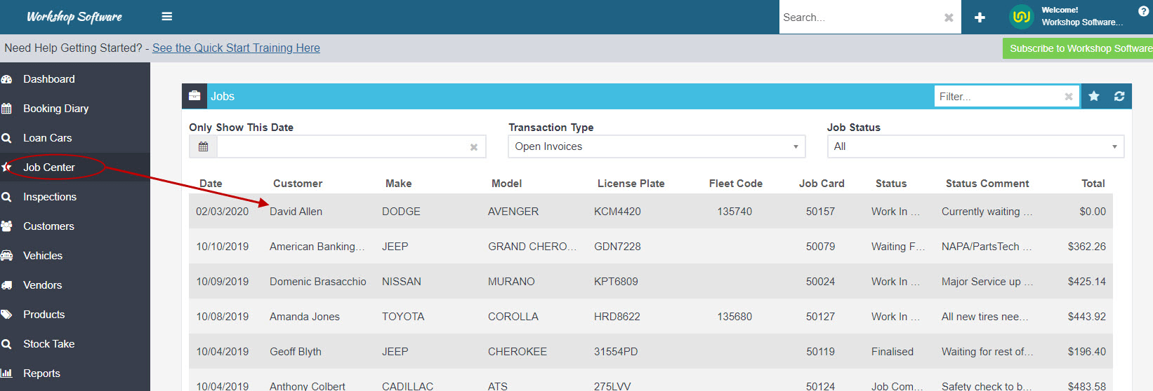 Workshop Software screen showing go into an open job via your ‘job center’ tab