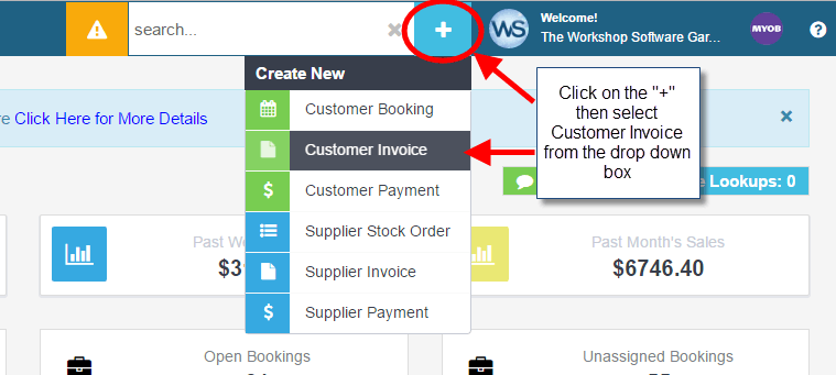 Workshop Software how to credit an invoice showing ‘+’ icon located next to the main search bar in workshop software and s…