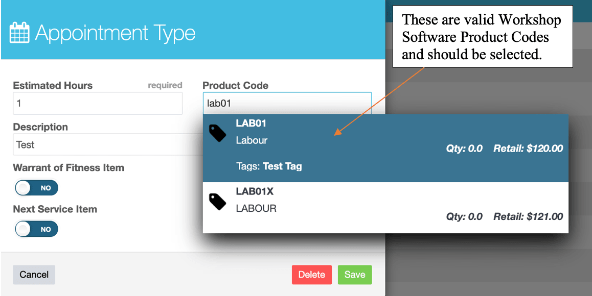 Workshop Software screen showing valid product codes will display a black product tag icon on the left-hand side