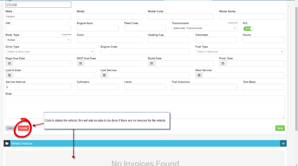Workshop Software delete a vehicle showing red delete button at the bottom left of the vehicle details, you will only be…