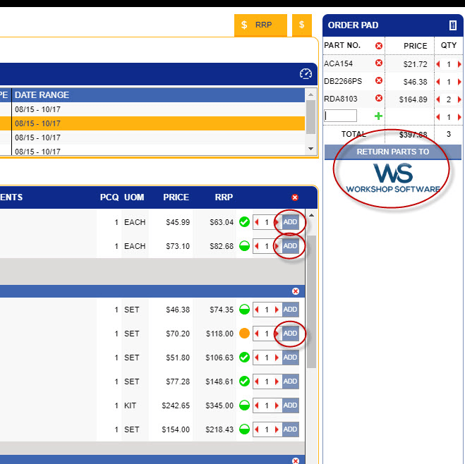 Workshop Software screen showing once you are in the prolink/covs parts platform, choose the parts you are wan…