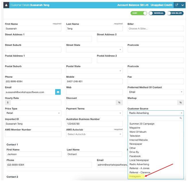 Workshop Software screen showing this new customer source will now be available when you use the ’customer sou…