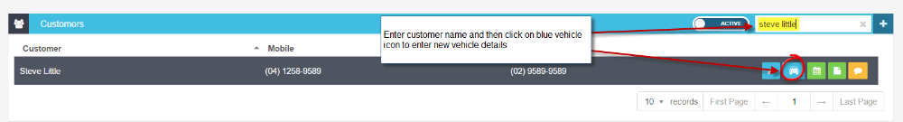 New vehicle form accessed via the blue car icon in the customer list