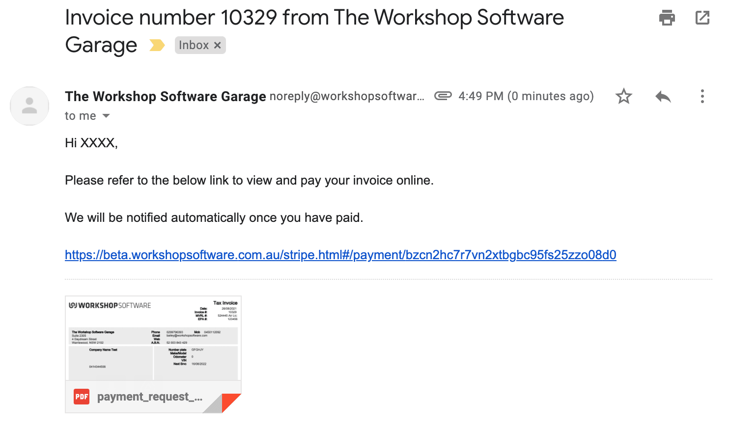 Workshop Software screen showing the email will look something like this
