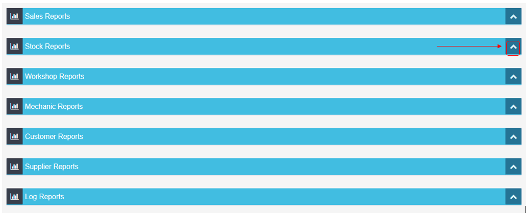 Workshop Software run a stock value report showing down arrow icon to the far right of the blue stock reports menu to expa…