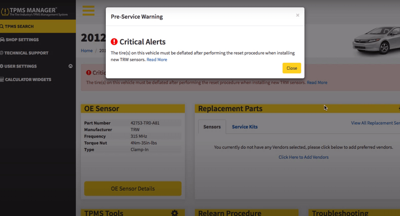Workshop Software screen showing this will then jump straight into the tire metrix tpms manager where it will …
