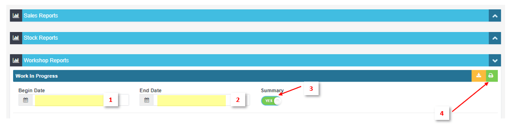 Workshop Software run a work in progress report showing green ‘printer’ icon to generate a pdf report (yellow icon allows …
