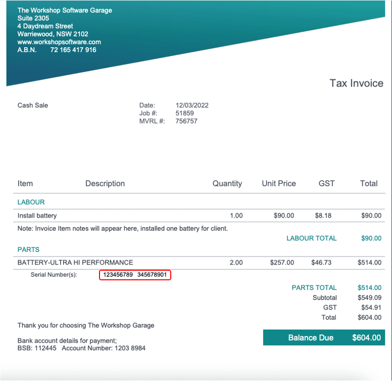 Workshop Software screen showing when you print the customer invoice the serial number(s) will be noted on the…