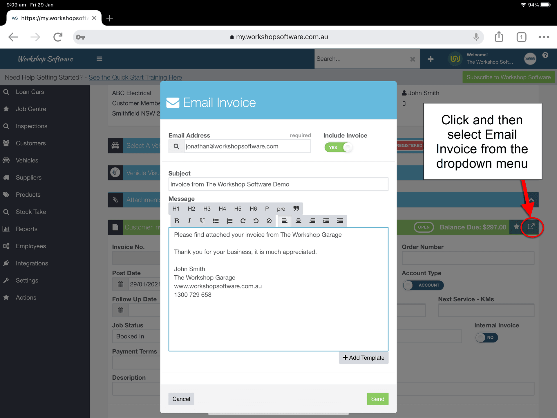 Workshop Software screen showing at the completion of the job you can then email the <a href=