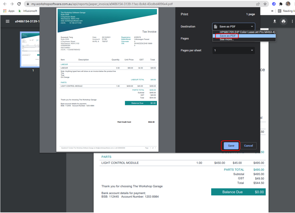Workshop Software screen showing when the pop up box appears change the printer to 