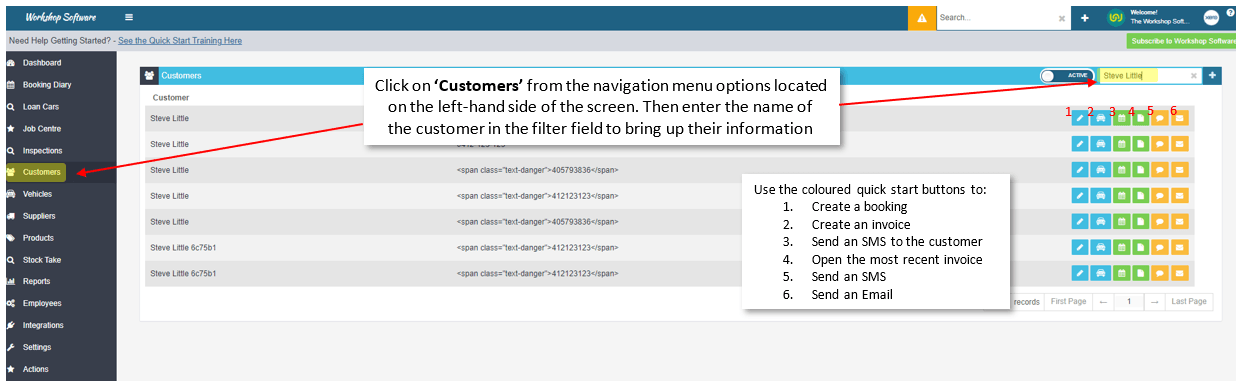 Workshop Software screen showing once the customer comes up you can click to view the customer details screen …