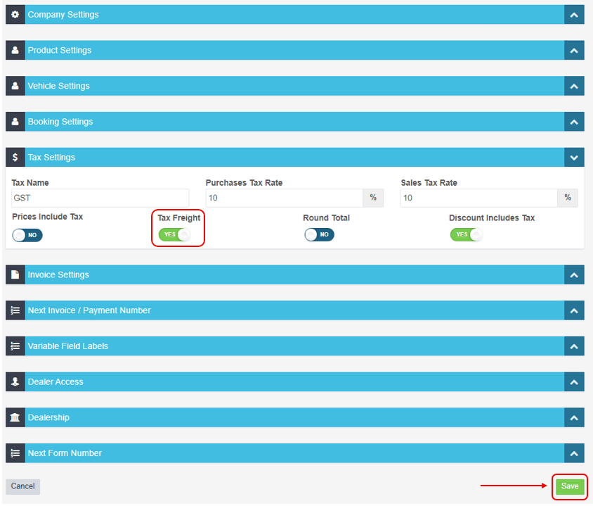 Workshop Software screen showing under the sub heading tax settings click on the button under tax freight to c…