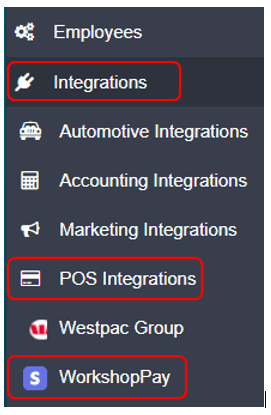 Workshop Software stripe online payment setup showing ‘integrations’ then ‘pos integration’ and finally ‘workshoppay’ from…