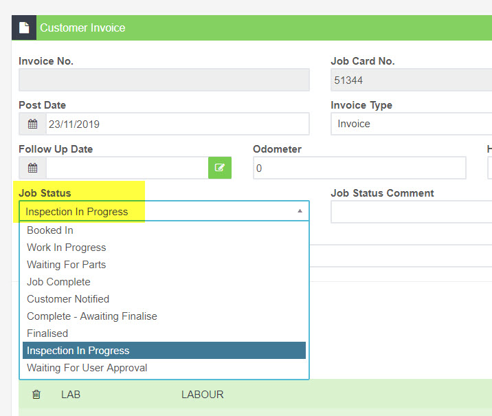 Workshop Software screen showing starting the job changing the status of the job - to adjust and change the st…