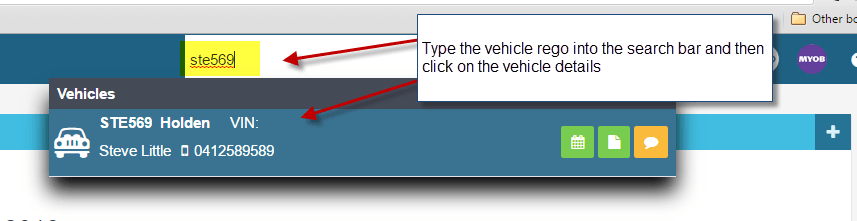 Workshop Software screen showing you can do this by typing the vehicle rego into the search field at the top o…