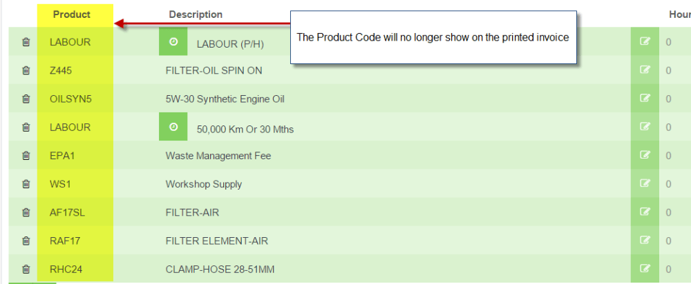 Workshop Software screen showing part number/product code will no longer show on printed invoices