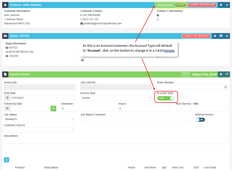 Workshop Software create a cash invoice for an account customer showing invoice as per normal, once you have selected the …