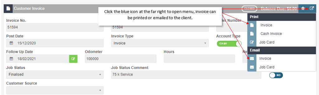 Workshop Software screen showing a copy of the invoice can then be printed or emailed by clicking on the blue …