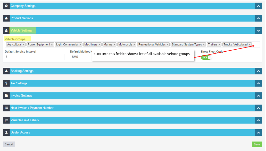 Workshop Software add more vehicle body types showing vehicle groups field