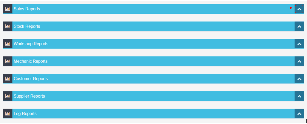 Workshop Software run an item sales report showing down arrow icon to the far right of the blue sales reports menu to expa…