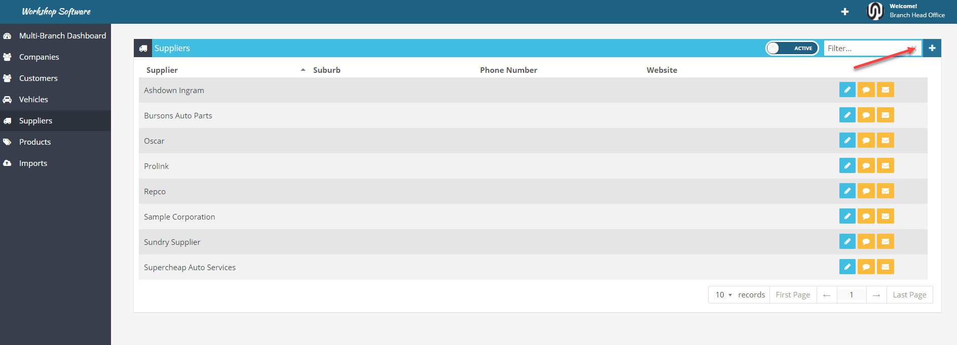 Workshop Software screen showing you can add new suppliers by pressing the ‘plus’ icon on the top right