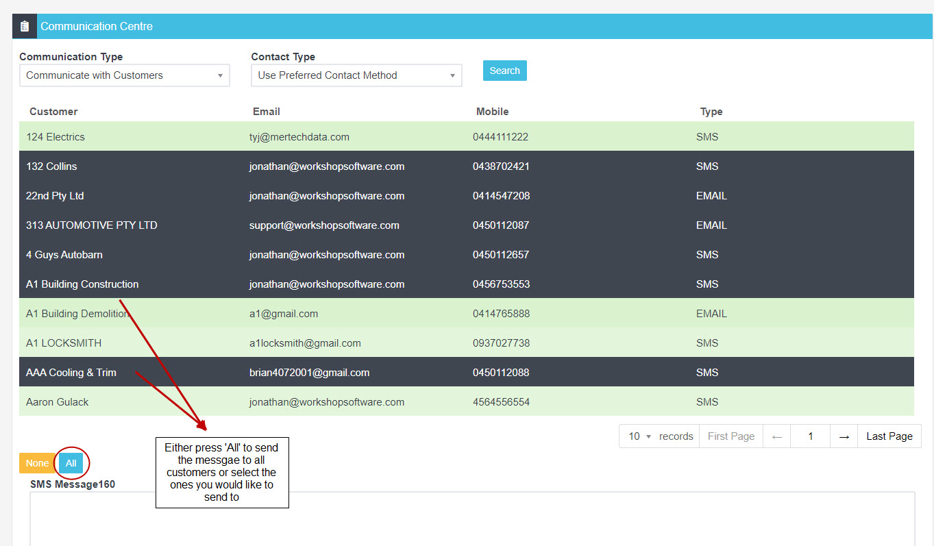 Workshop Software screen showing you can deselect a customer by clicking the line again to stop highlighting i…