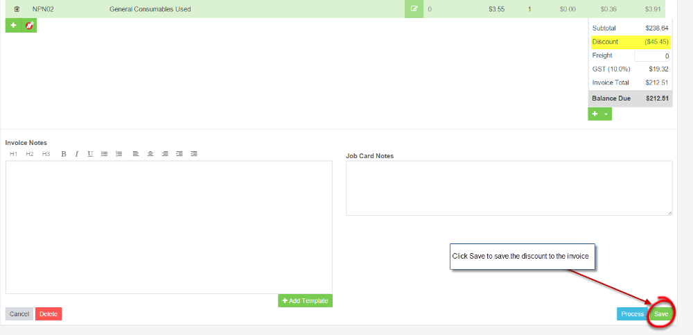 Workshop Software apply a discount to a customer invoice step 4 of 6