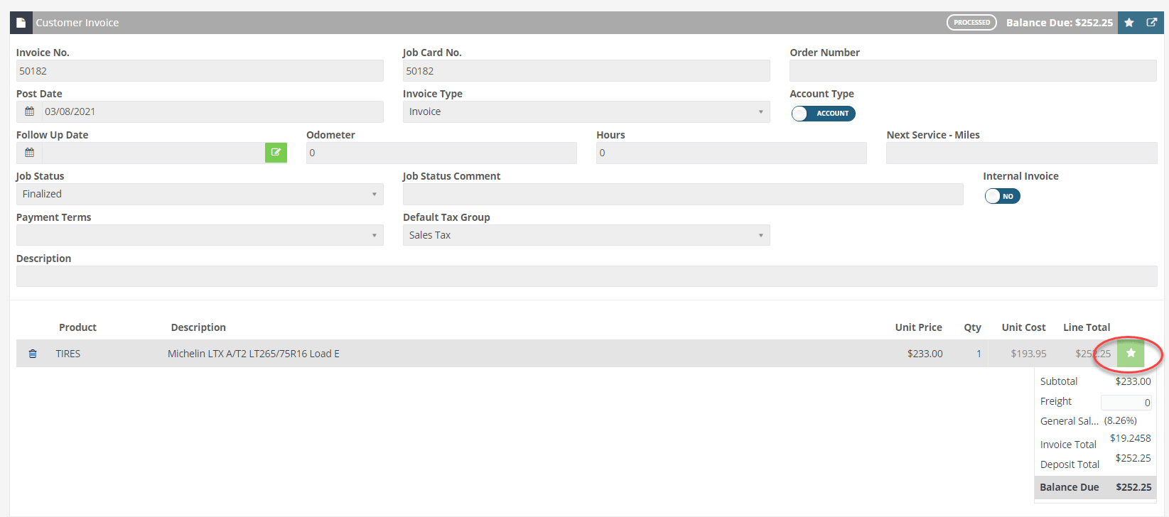 Workshop Software register dot/tin on a processed invoice showing ‘star’ button on the right hand side of the tire item