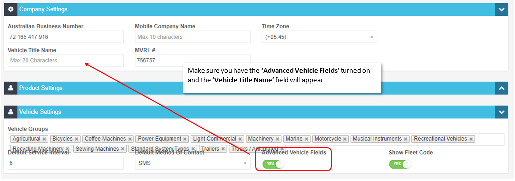 Workshop Software screen showing make sure you have the ‘advanced vehicle fields’ tab flicked to ‘yes’ and the…