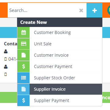 Workshop Software invoice an existing supplier order showing plus button on the top right and select ‘supplier invoice’