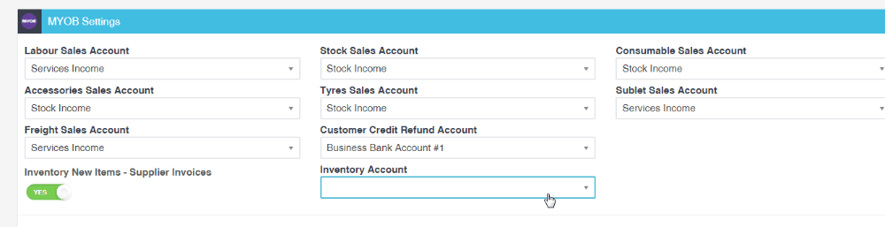 Workshop Software myob - adding a new product using the supplier invoice showing an account in the inventory account box