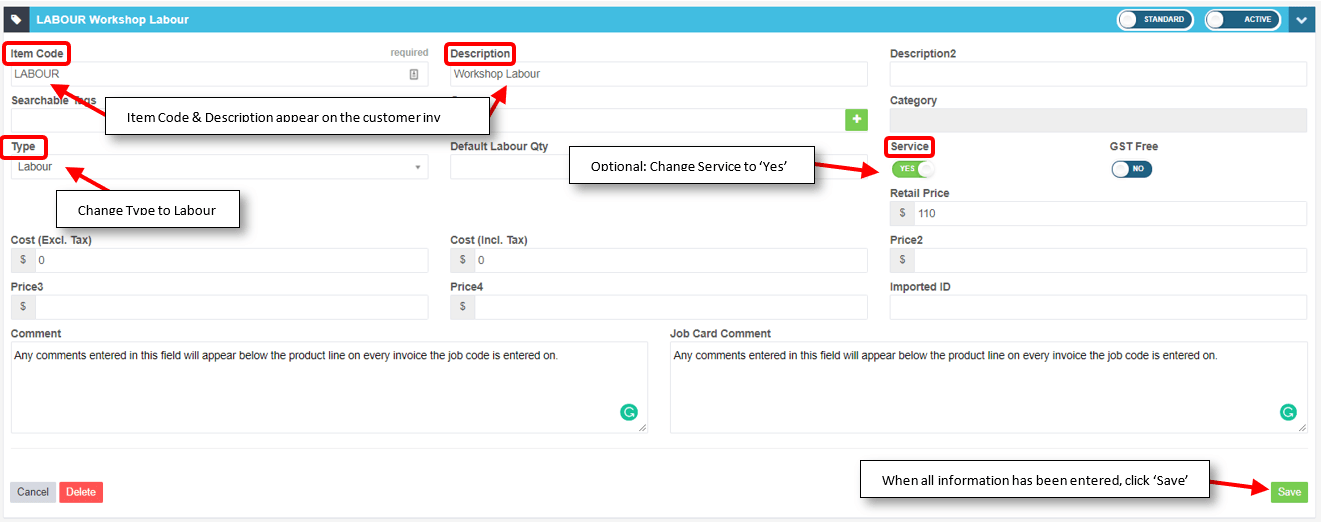 Workshop Software screen showing item code is the only required field in order for to distinguish the product …