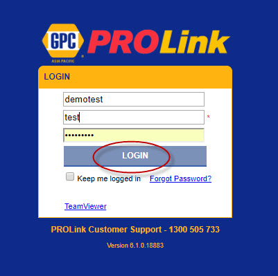 Workshop Software screen showing input the prolink/covs login details and click ’ login ’
