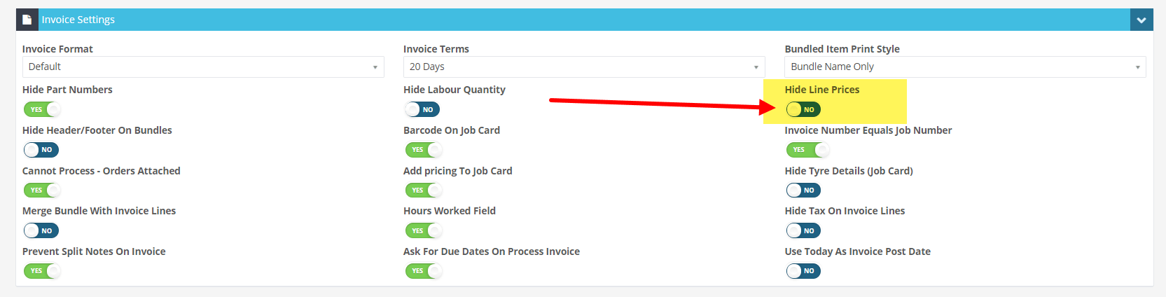 Workshop Software screen showing under the heading invoice settings, click on the button below hide line price…
