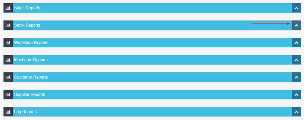 Workshop Software run a stock listing report showing down arrow icon to the far right of the blue ‘stock reports’ menu to …